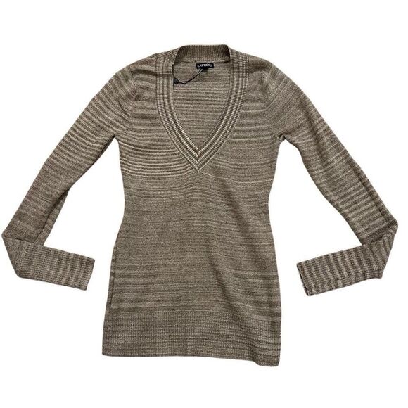 Express Sweaters - Express Metallic Shimmer V Neck Sweater Long Sleeve Slim Fit